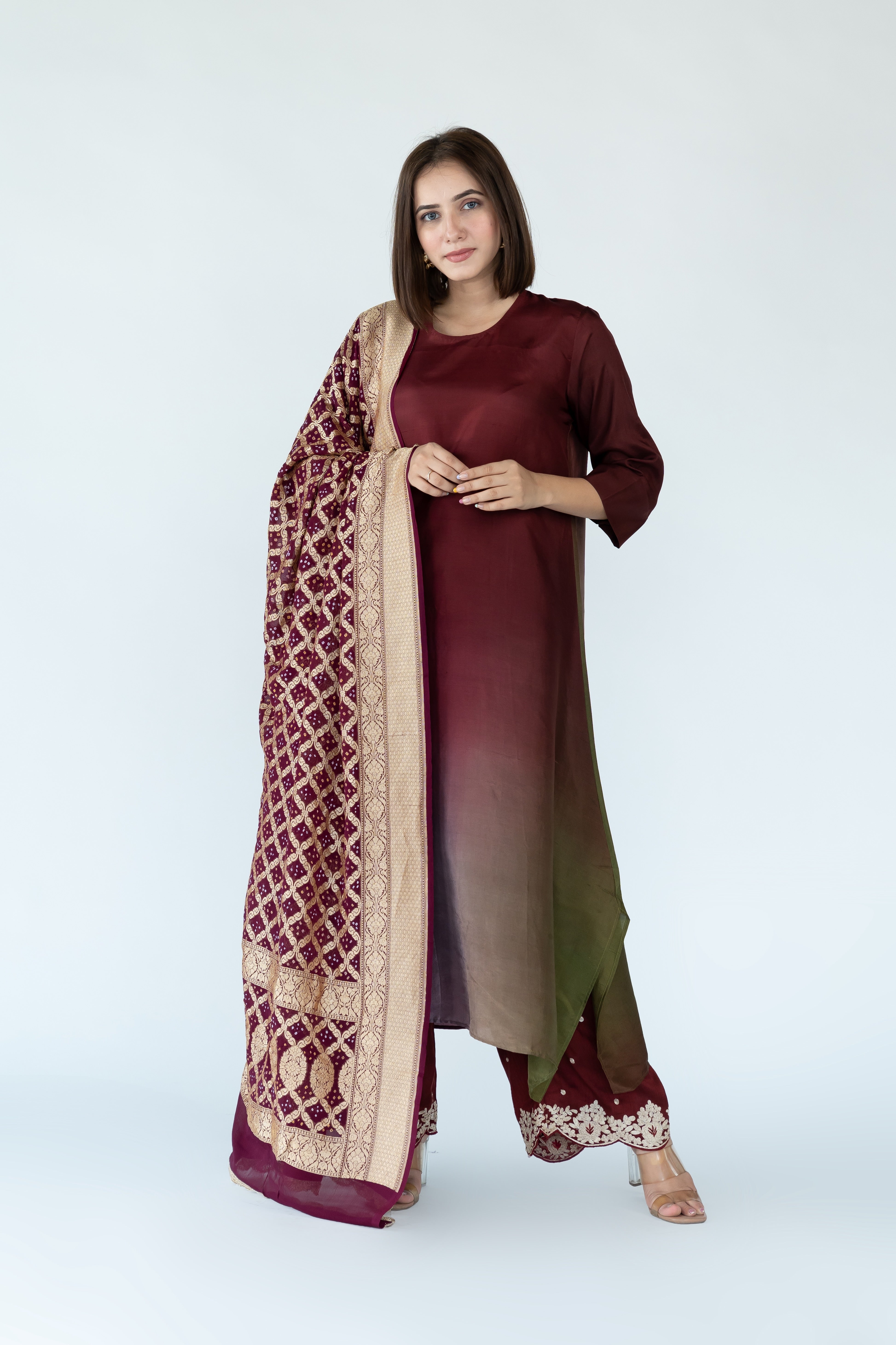 Olive Navy Maroon Ombre Kurta with heavy Banarasi Bandhej Dupatta