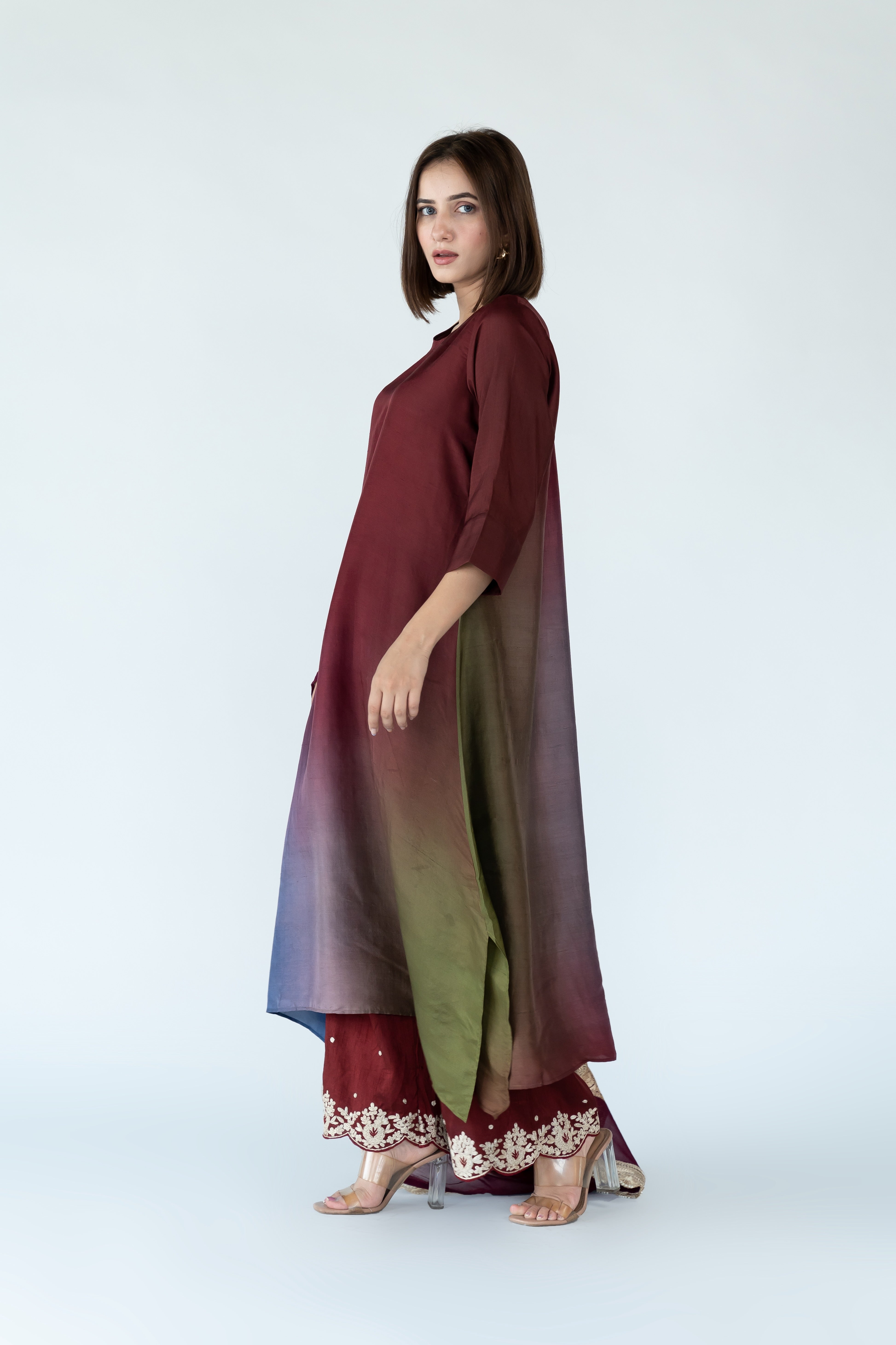 Olive Navy Maroon Ombre Kurta with heavy Banarasi Bandhej Dupatta