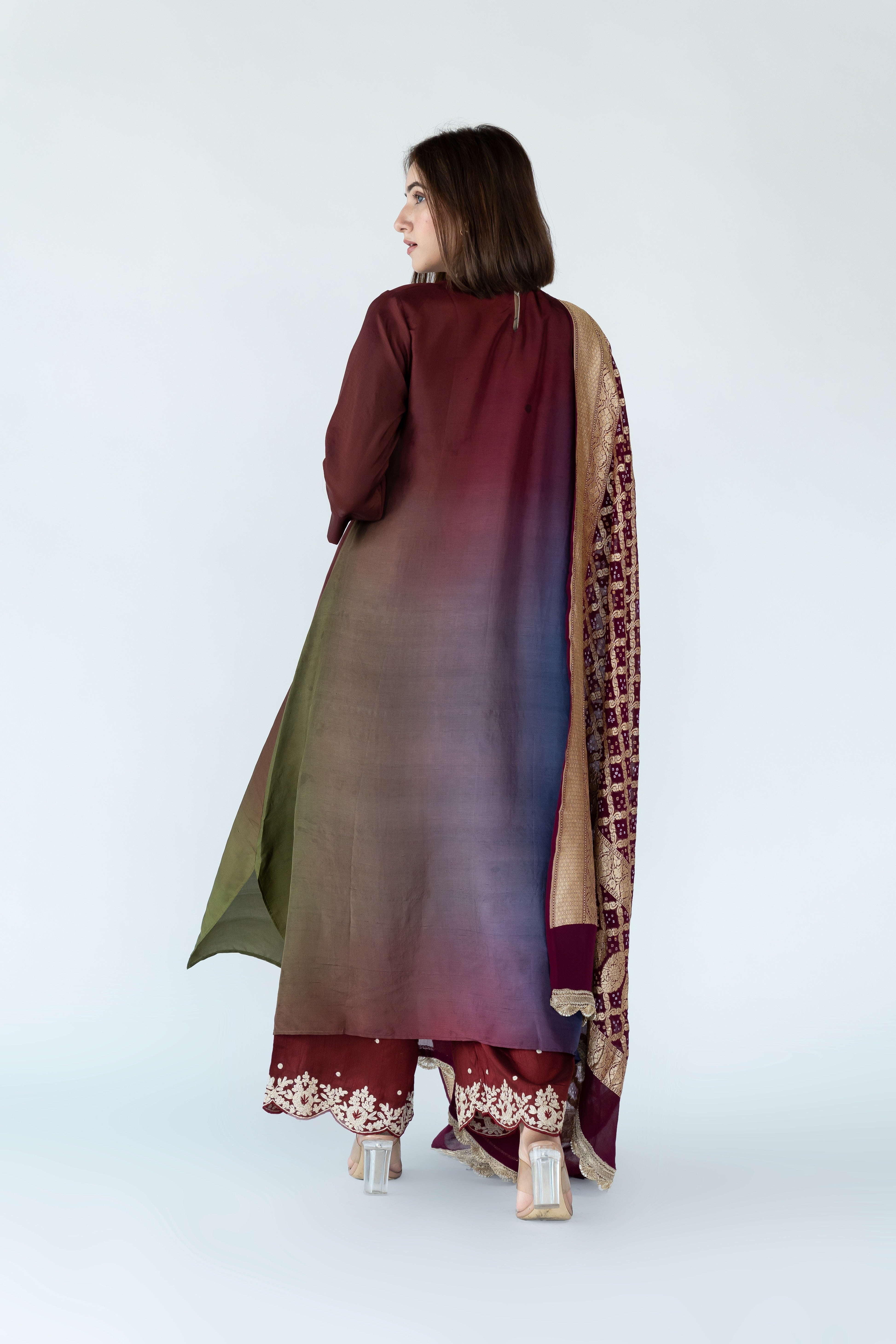 Olive Navy Maroon Ombre Kurta with heavy Banarasi Bandhej Dupatta