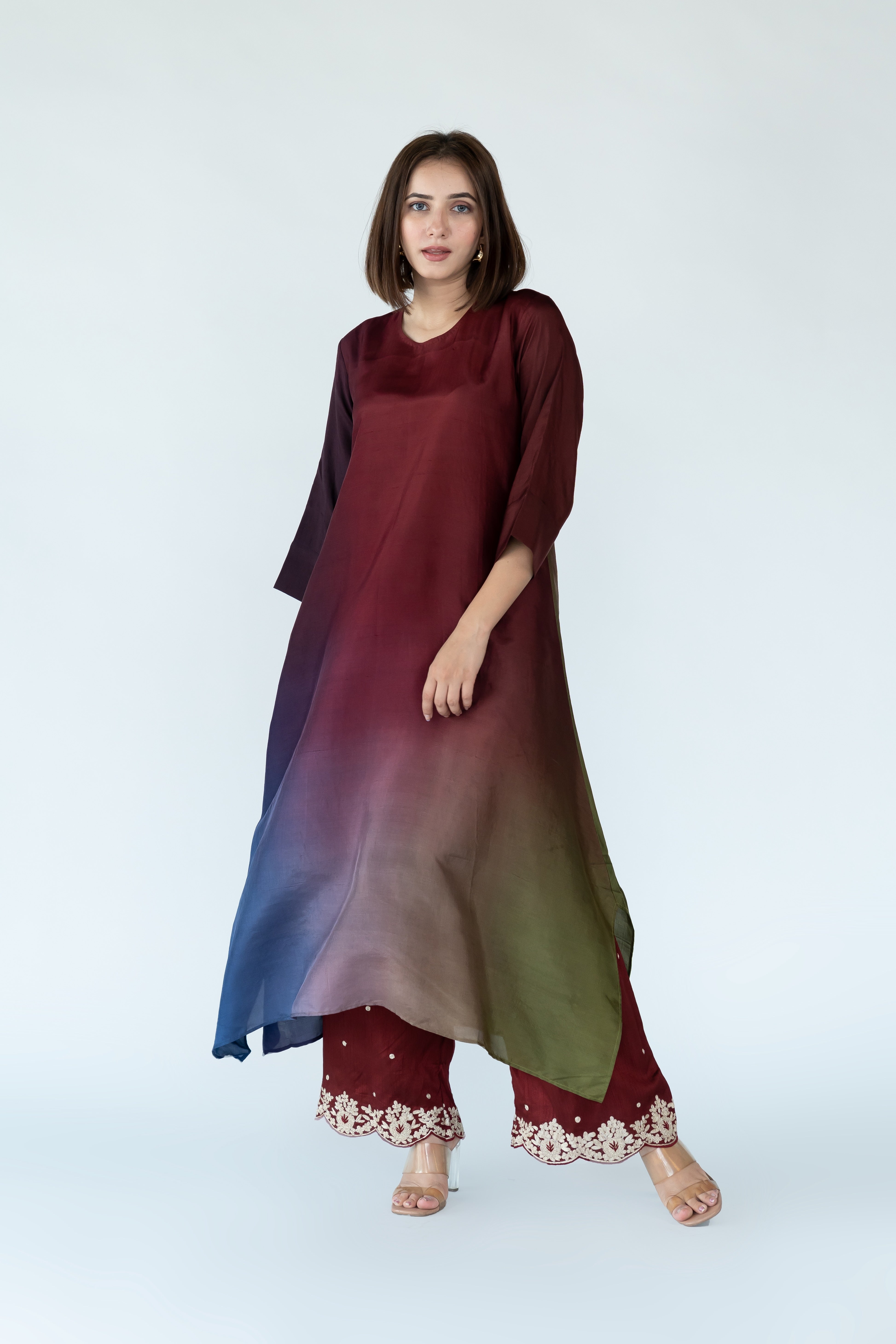 Olive Navy Maroon Ombre Kurta with heavy Banarasi Bandhej Dupatta