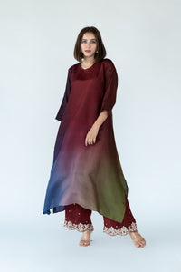 Olive Navy Maroon Ombre Kurta with heavy Banarasi Bandhej Dupatta