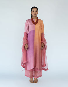 Peach Mauve Ombre color blocked kurta with silk pants, organza detailing and pure silk organza dupatta