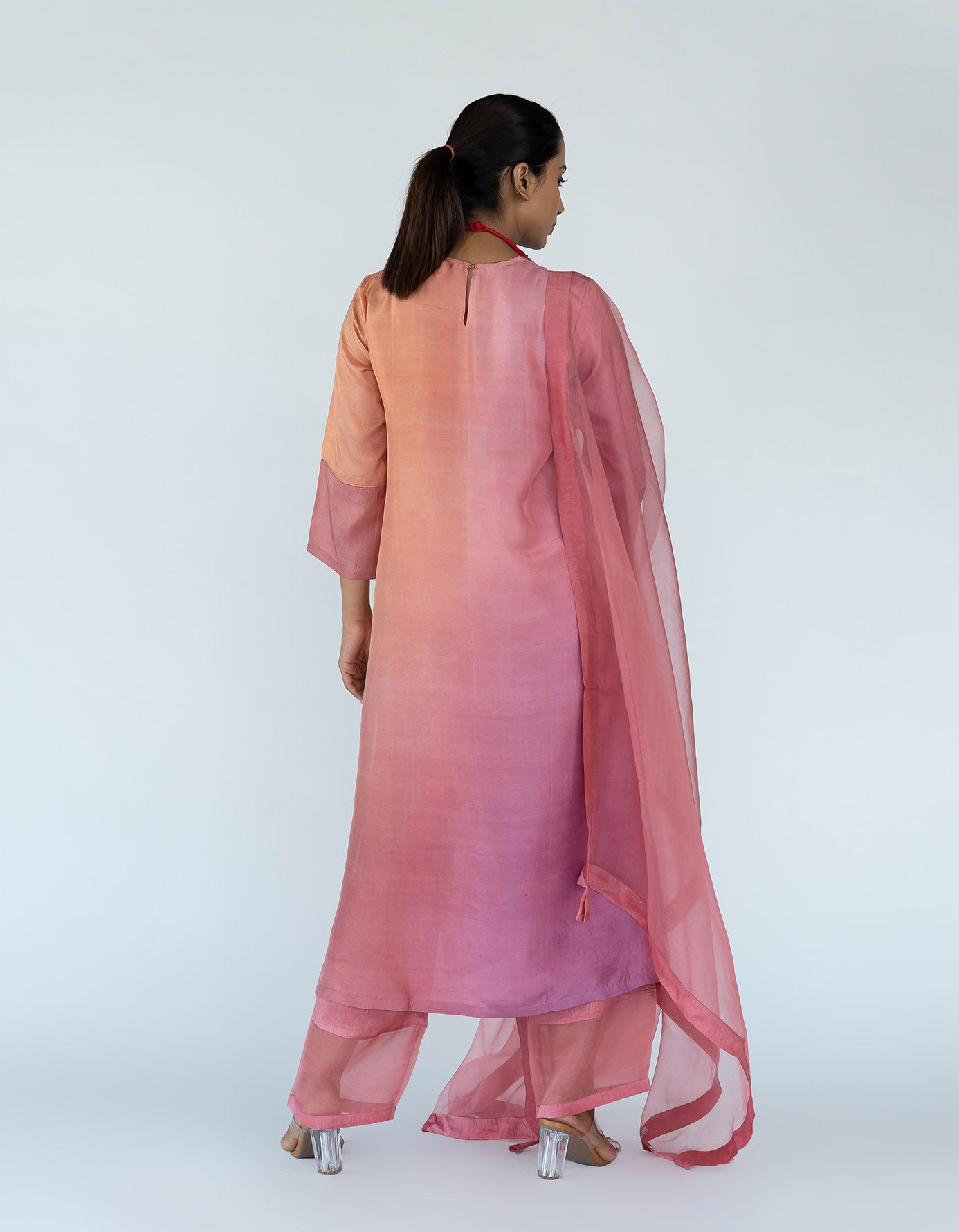 Peach Mauve Ombre color blocked kurta with silk pants, organza detailing and pure silk organza dupatta