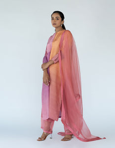 Peach Mauve Ombre color blocked kurta with silk pants, organza detailing and pure silk organza dupatta