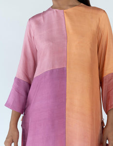 Peach Mauve Ombre color blocked kurta with silk pants, organza detailing and pure silk organza dupatta