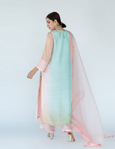 Pink Mint Brown Ombre color blocked kurta with silk pants, organza detailing and  pure silk organza dupatta