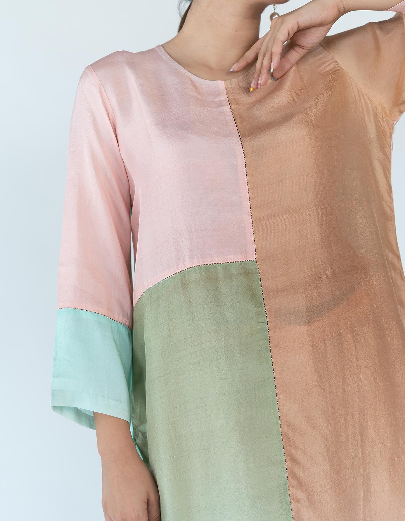 Pink Mint Brown Ombre color blocked kurta with silk pants, organza detailing and  pure silk organza dupatta