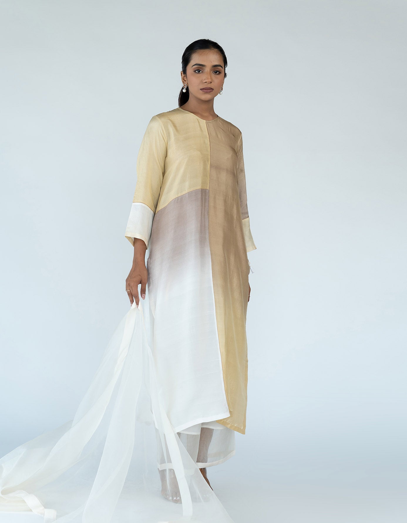 Ivory Ombre color blocked kurta with silk pants, organza detailing and  pure silk organza dupatta