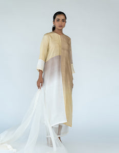 Ivory Ombre color blocked kurta with silk pants, organza detailing and  pure silk organza  dupatta