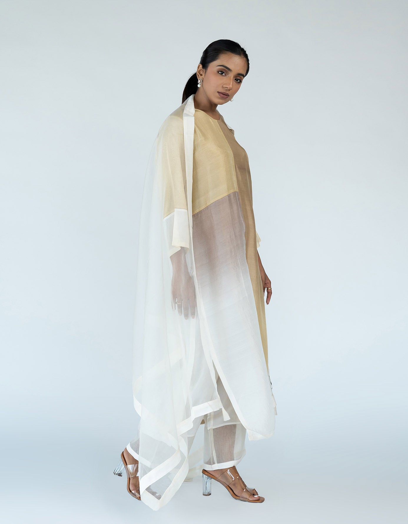 Ivory Ombre color blocked kurta with silk pants, organza detailing and  pure silk organza dupatta