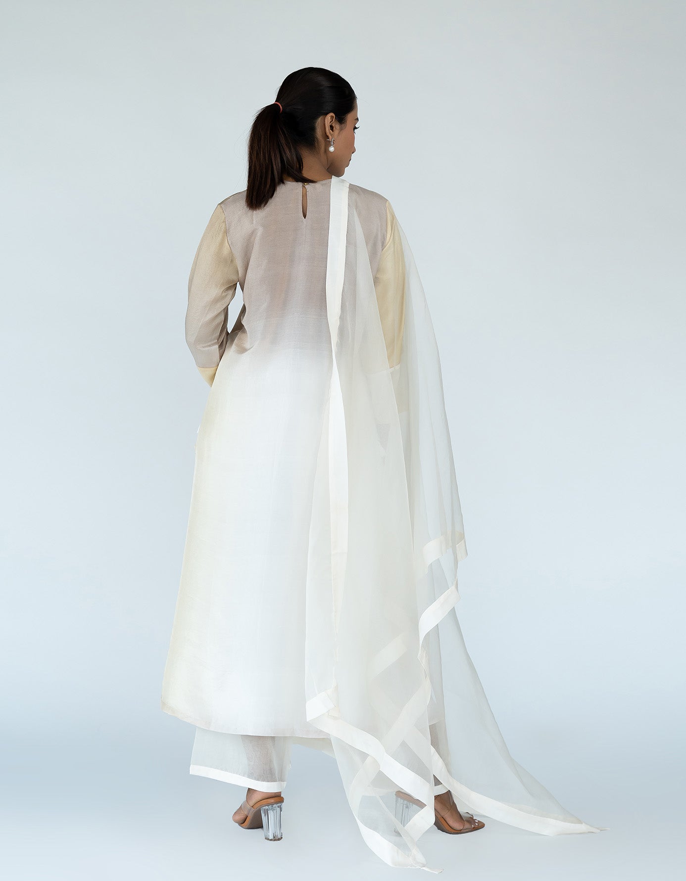 Ivory Ombre color blocked kurta with silk pants, organza detailing and  pure silk organza  dupatta