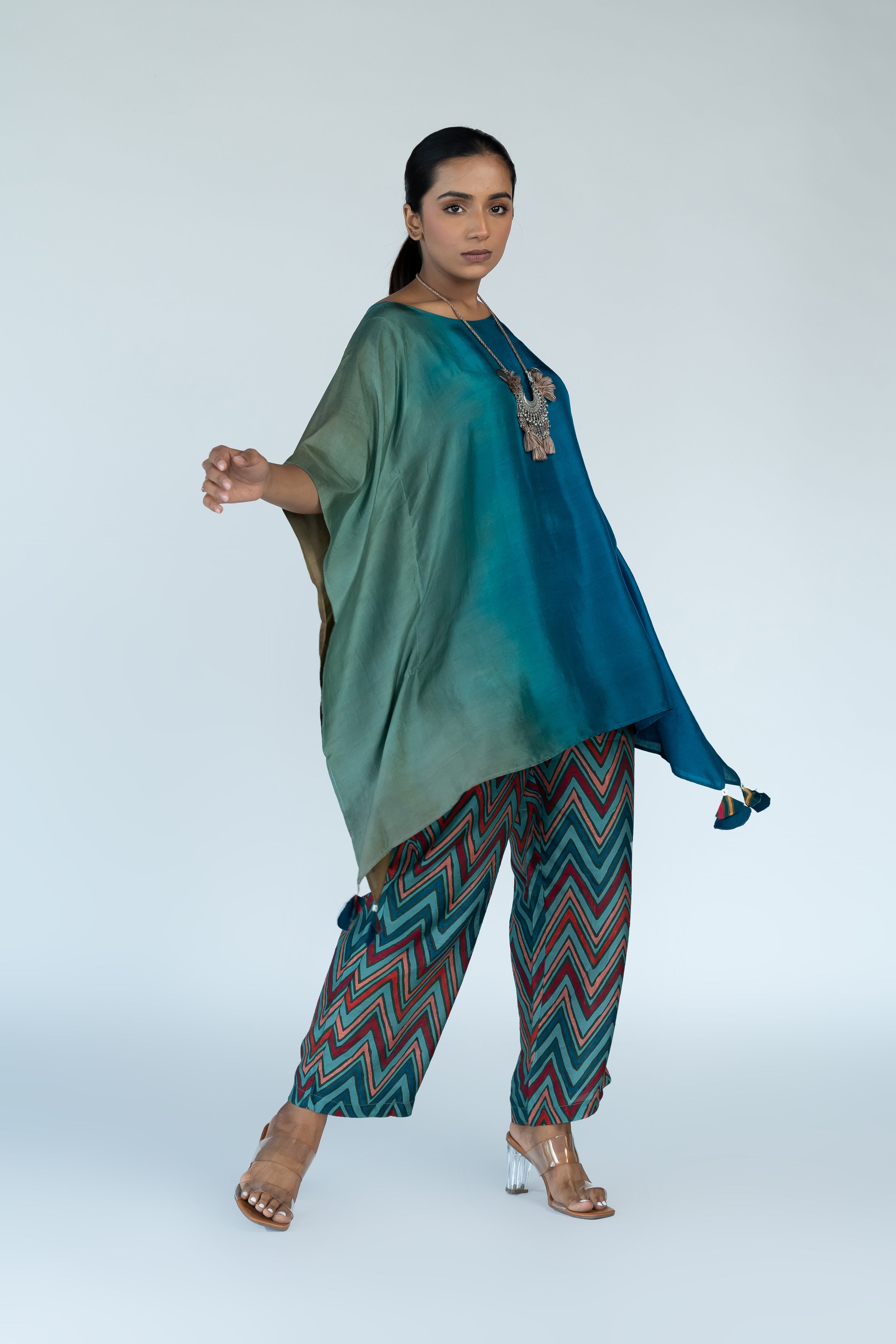 Teal Blue Ombre Hand Dyed Kaftan Top With Pants