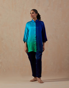 Green Blue Ombre Satin shirt with pants (2pc)