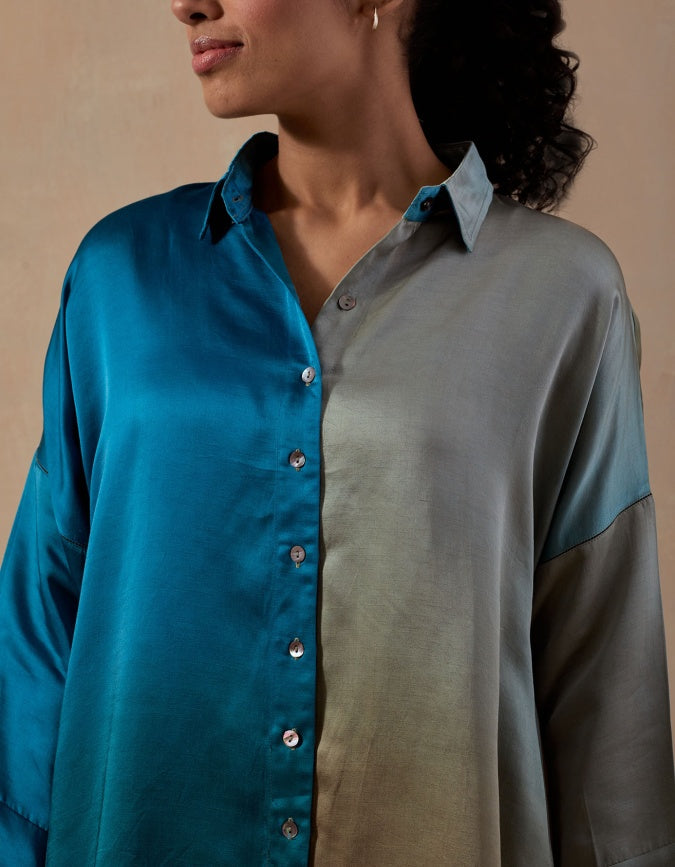 Teal Blue Ombre Satin shirt with pants (2pc)