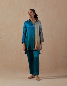 Teal Blue Ombre Satin shirt with pants (2pc)