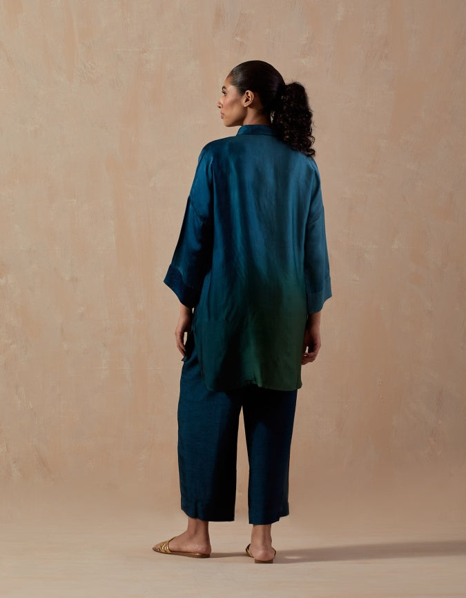 Olive Teal Blue Ombre Satin shirt with pants (2pc)