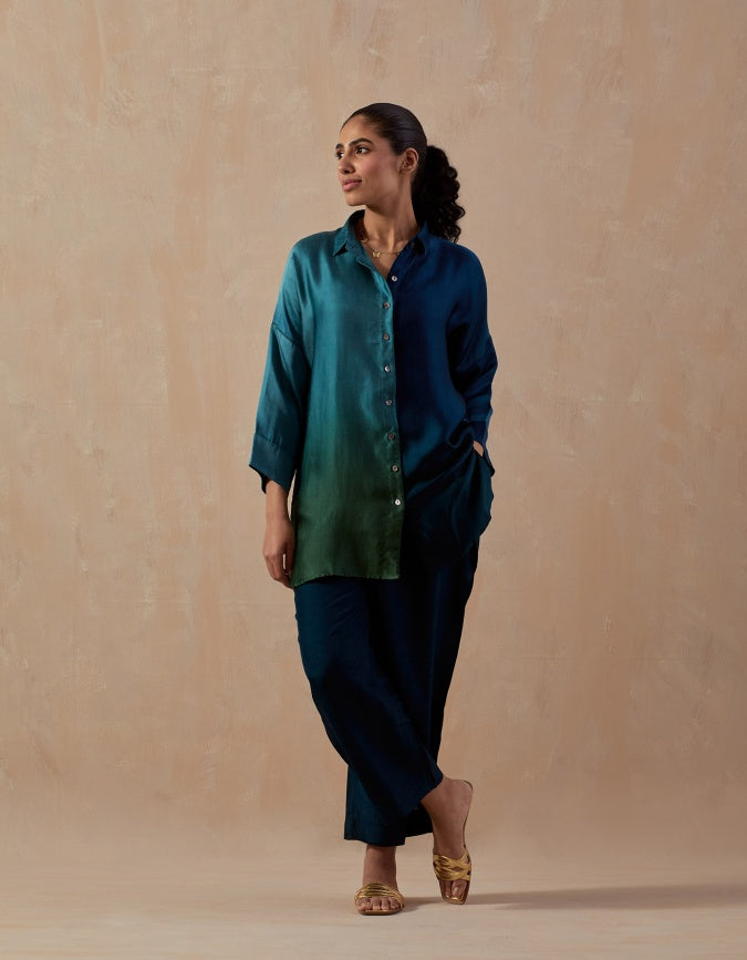 Olive Teal Blue Ombre Satin shirt with pants (2pc)