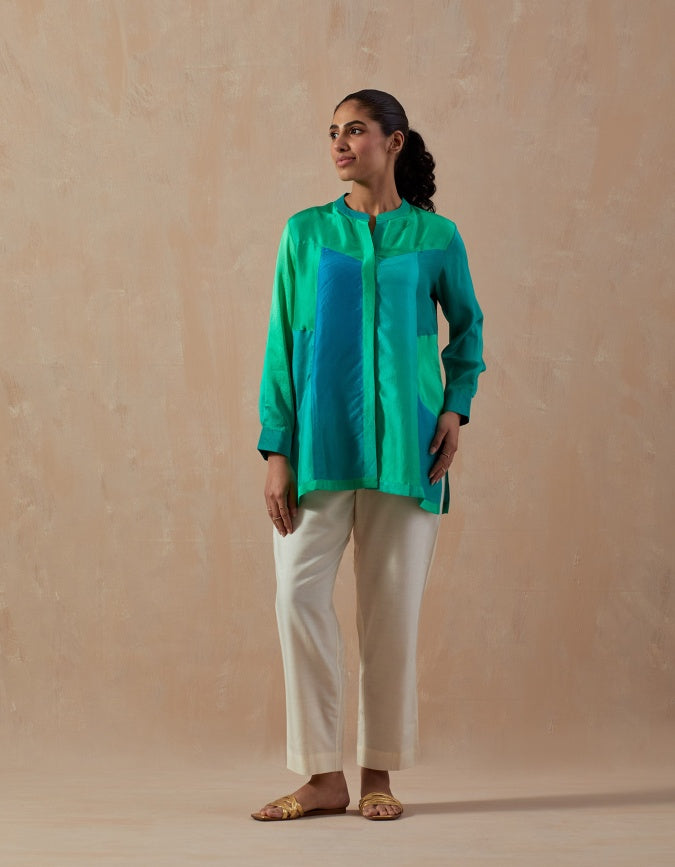 Bright green blue peacock Ombre colour block shirt