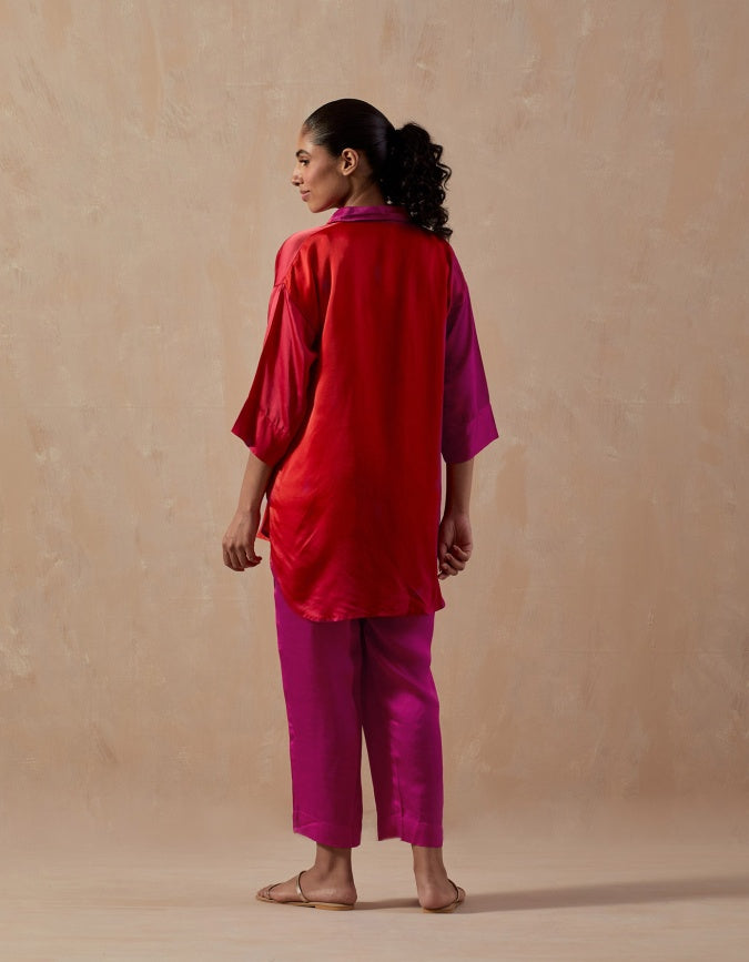 Fuschia Red Ombre Satin shirt with pants (2pc)