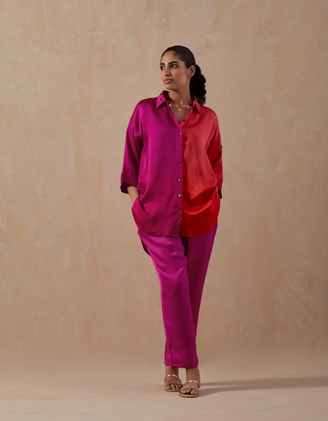 Fuschia Red Ombre Satin shirt with pants (2pc)