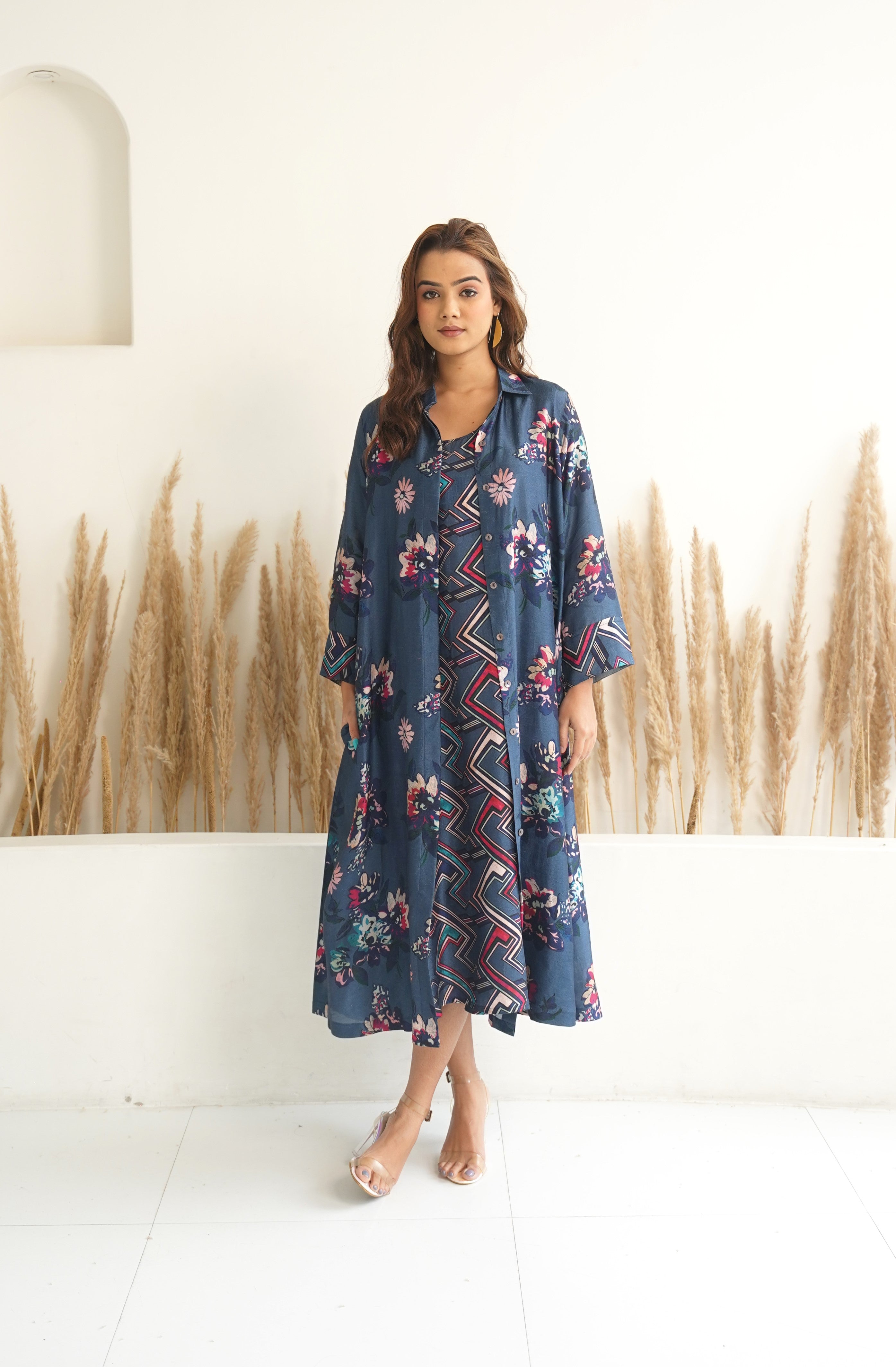 Navy Blue Floral jacket with abstract print dress (2pc)