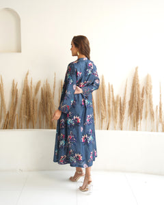Navy Blue Floral jacket with abstract print dress (2pc)