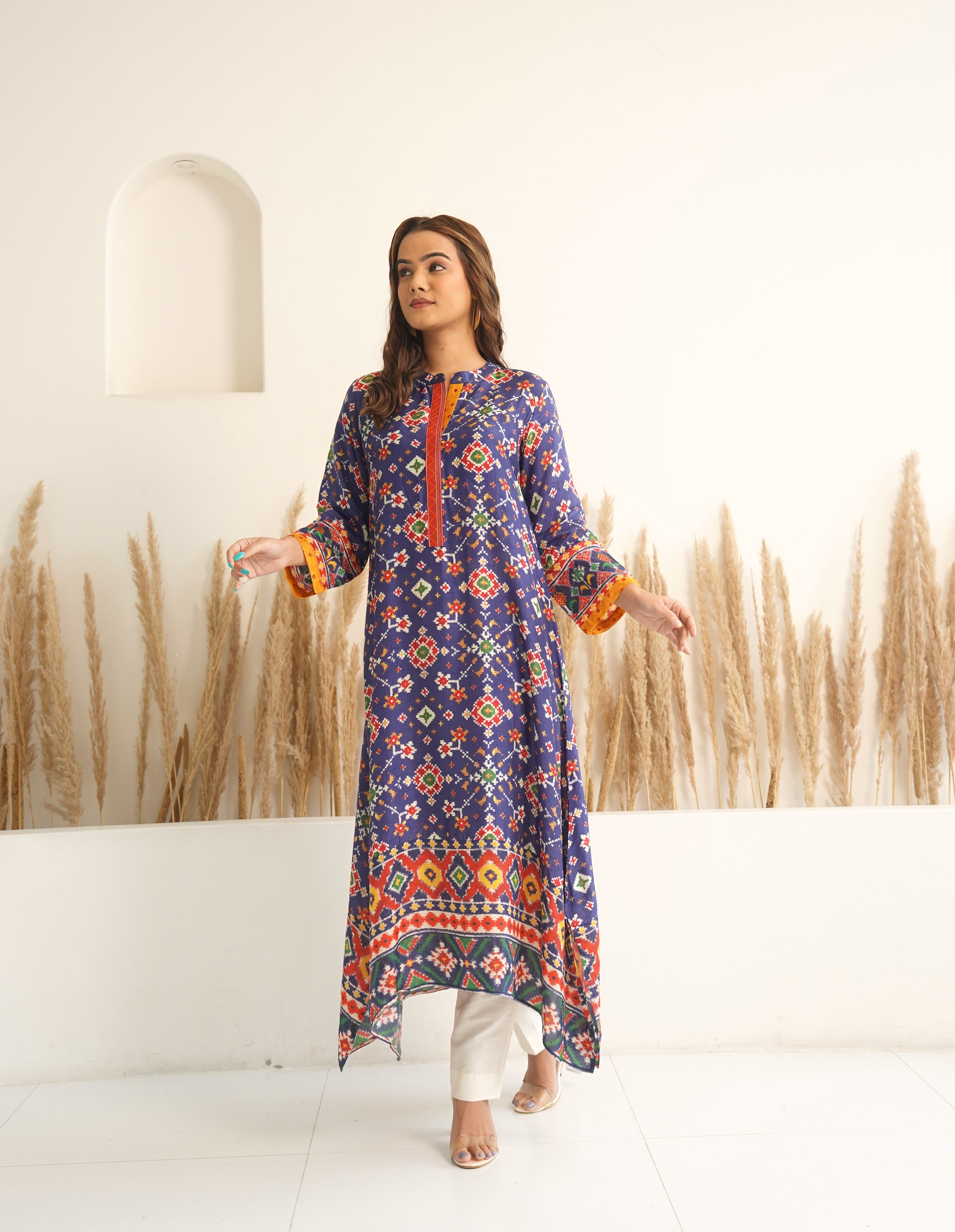 Royal Blue Patola Printed Kurta with asymmetric hemline