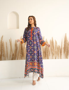 Royal Blue Patola Printed Kurta with asymmetric hemline