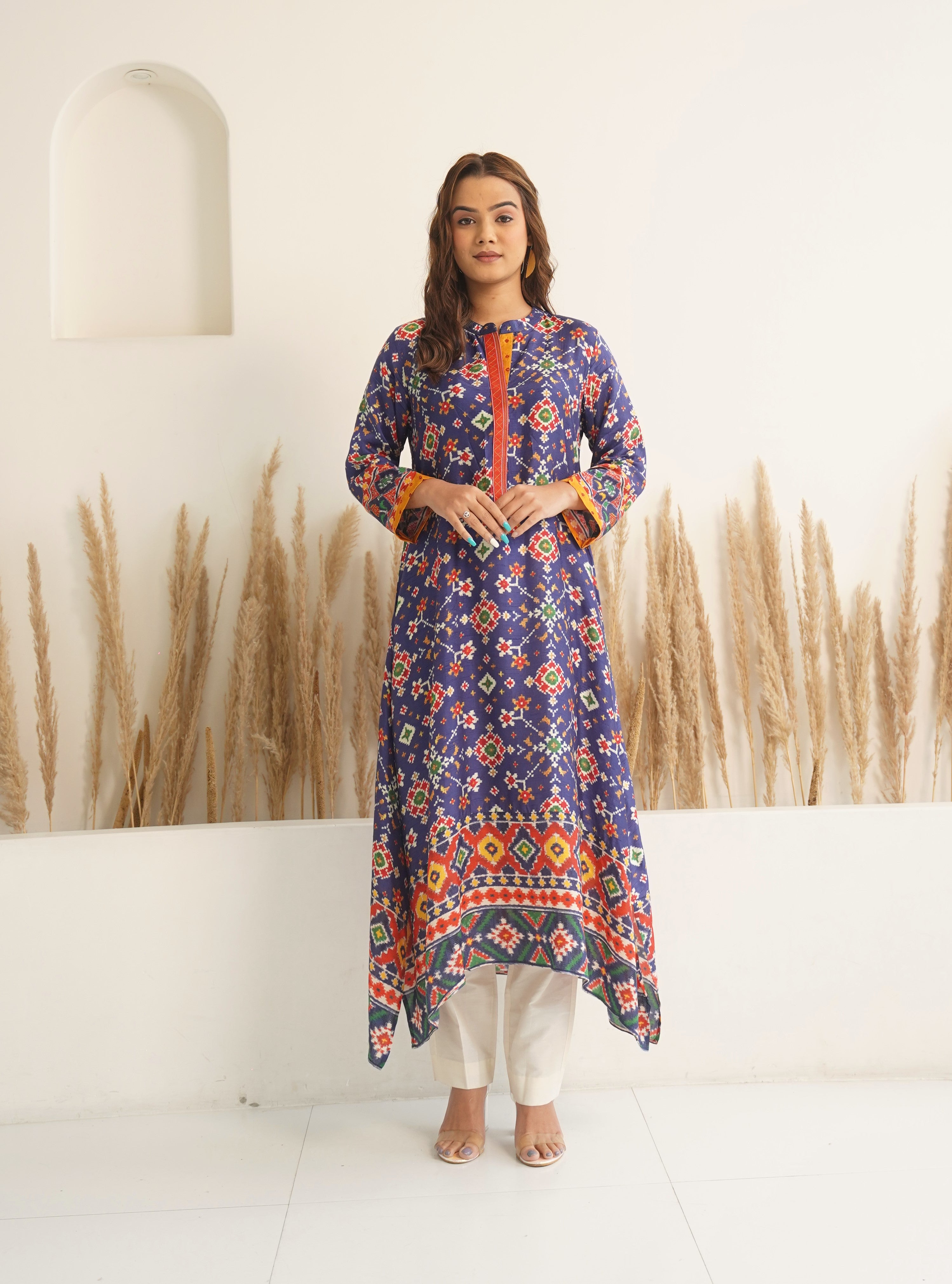 Royal Blue Patola Printed Kurta with asymmetric hemline