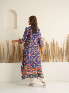 Royal Blue Patola Printed Kurta with asymmetric hemline